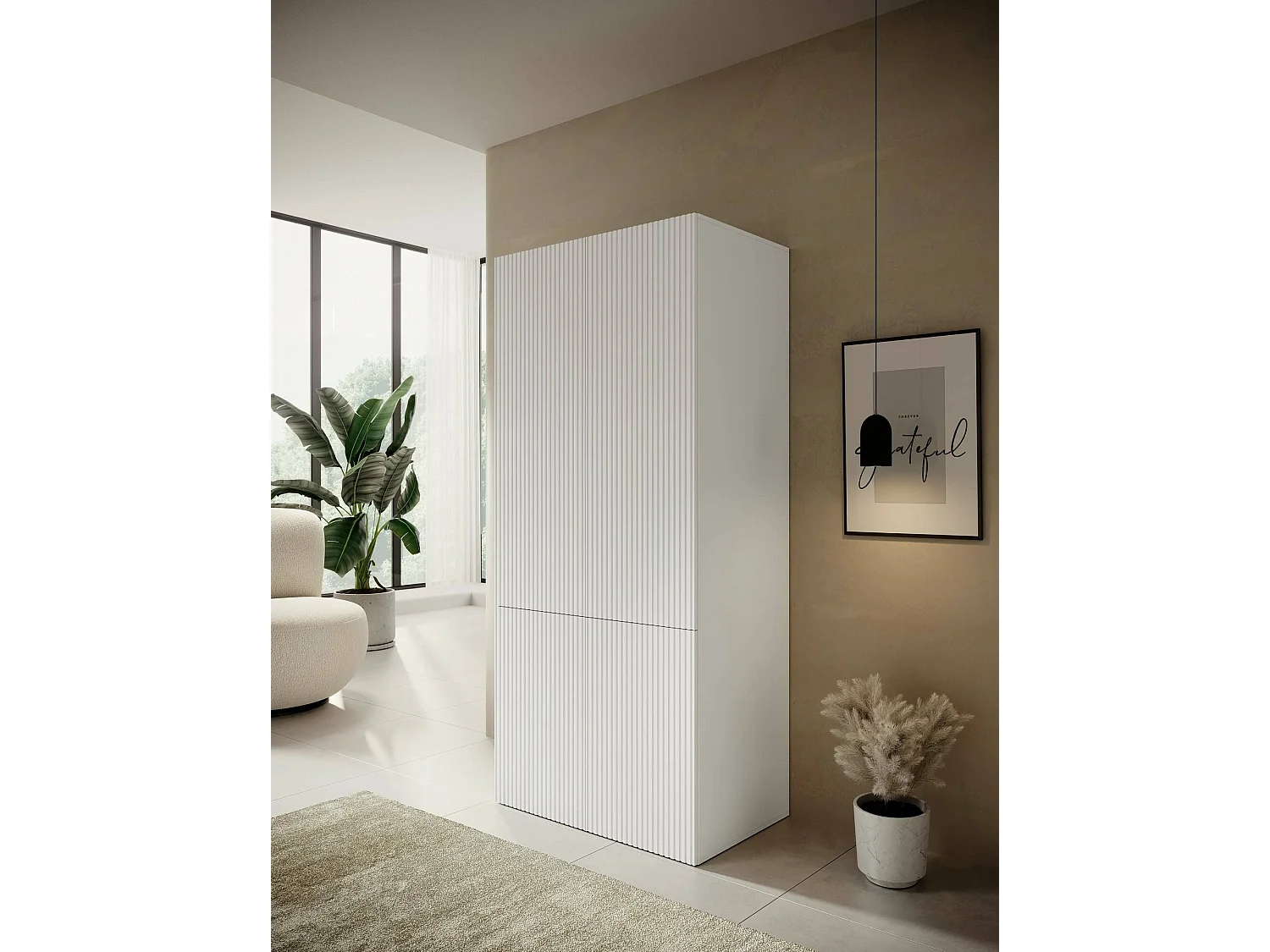 Armoire 2 Portes Esposende, Porte-manteau, 55,5x198,5h cm Blanc, Chambre à Coucher