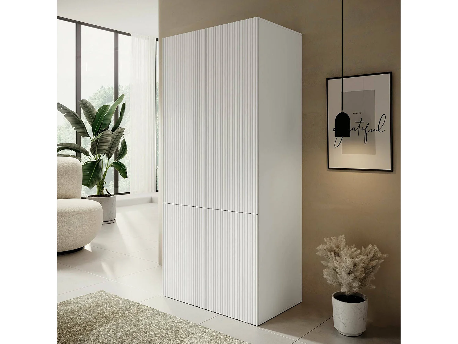 Armoire 2 Portes Esposende, Porte-manteau, 55,5x198,5h cm Blanc, Chambre à Coucher