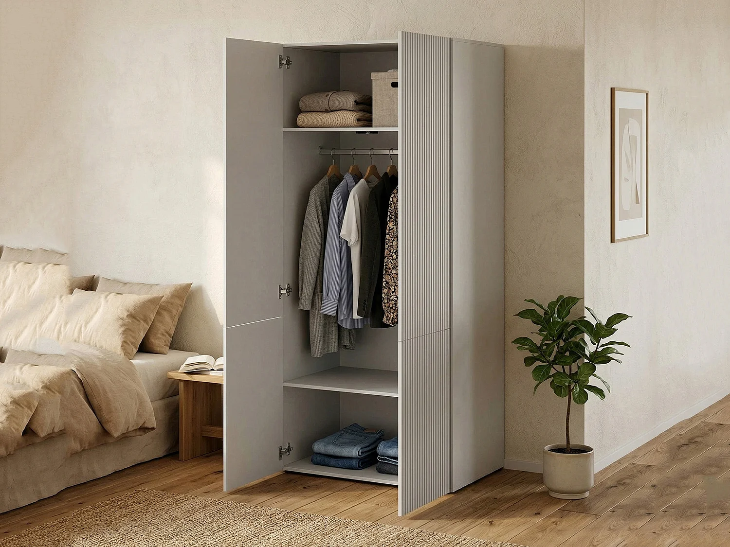 Armoire 2 Portes Esposende, Porte-manteau, 55,5x198,5h cm Blanc, Chambre à Coucher