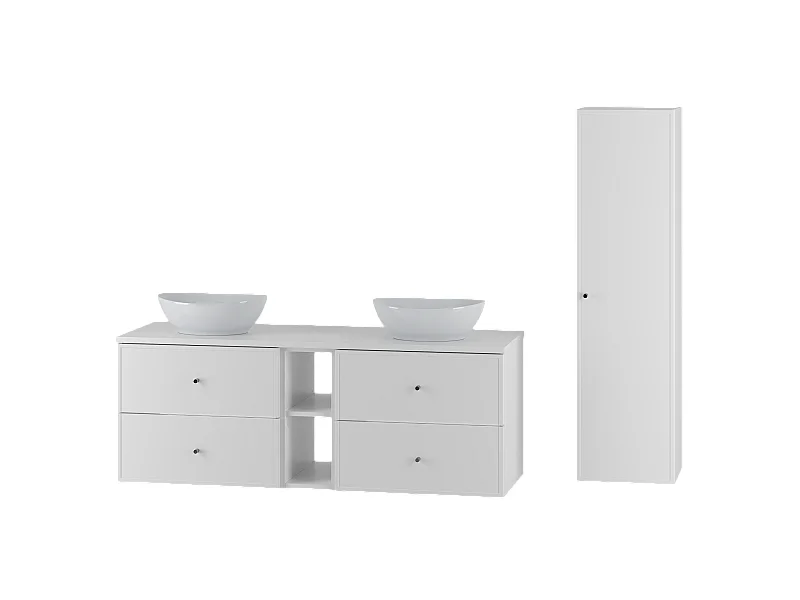 Weißes Badezimmer-Set 140 cm Schrank und Regal mit Arbeitsplatte und Waschbecken und Hochschrank Marco