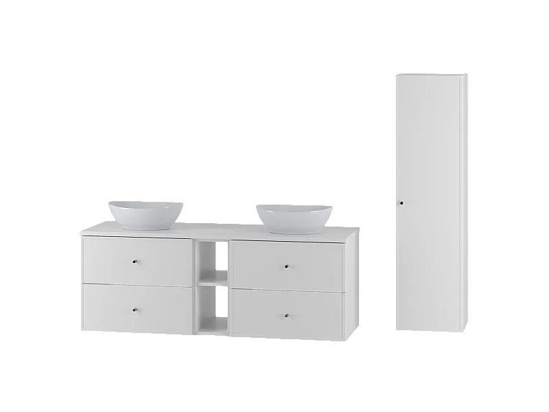 Ensemble blanc pour salle de bain 140 cm Armoire Étagère Plan de travail Lavabo Colonne Marco