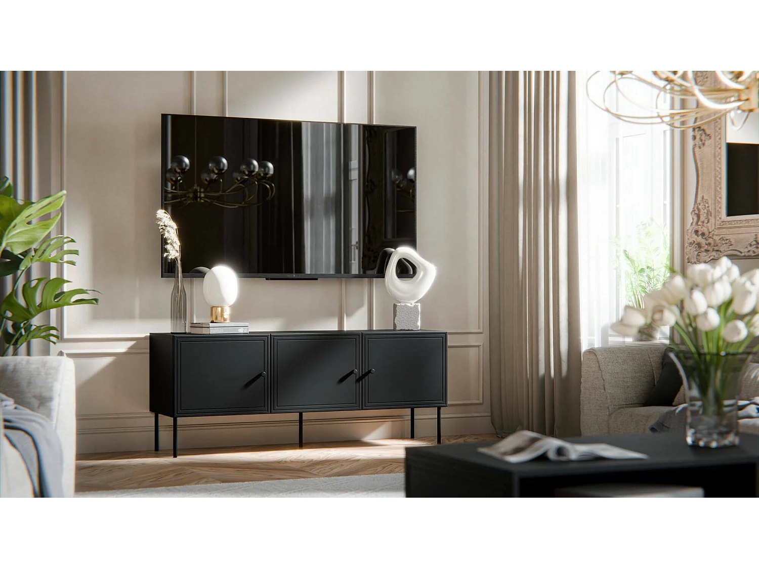 Mobile porta TV Sarzana, Madia da salotto con tre ante battenti, Rialzato da terra, 151x40 h60 cm, Nero