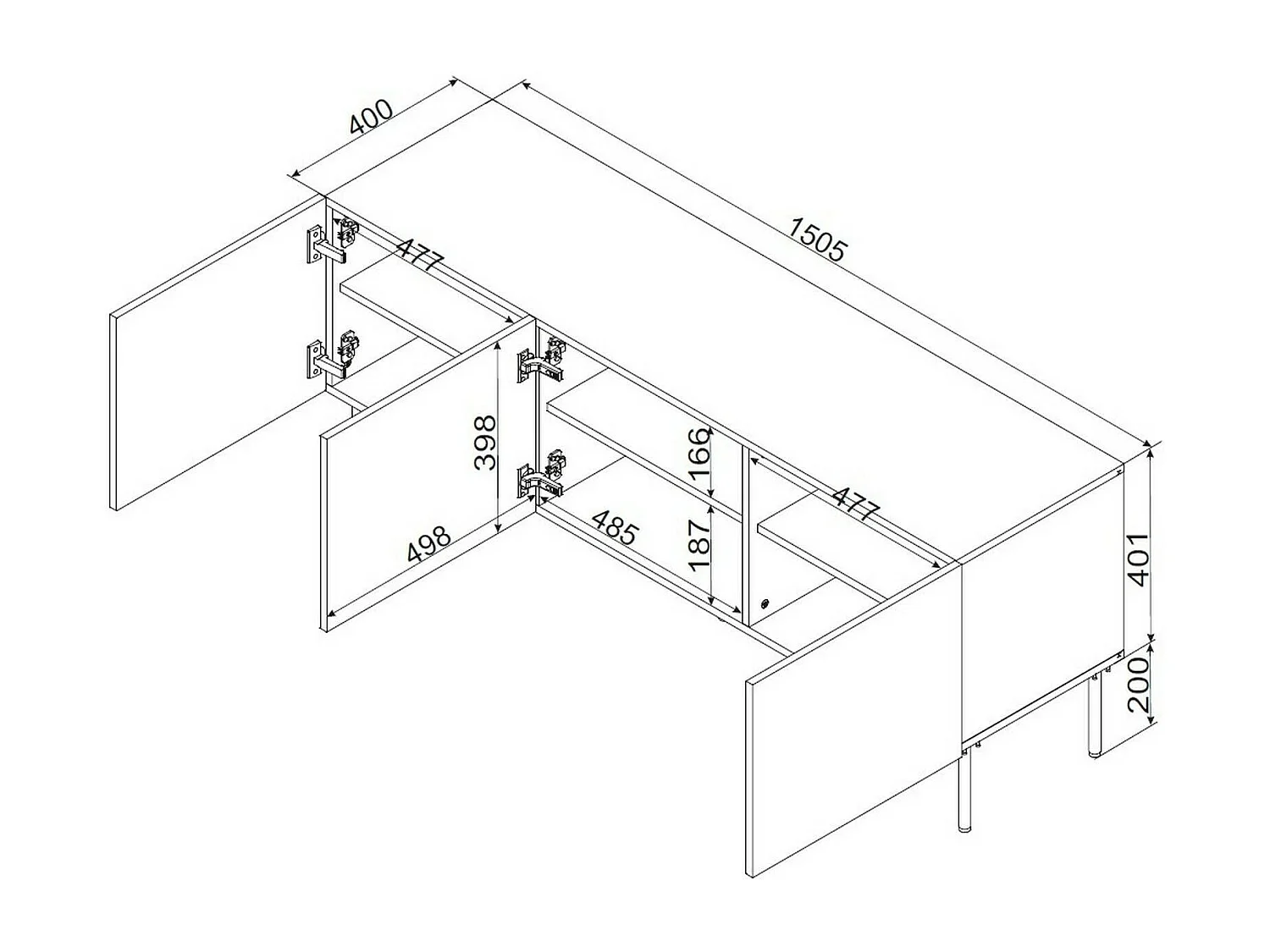 Moura TV-Schrank, 3 Regale, 40x151x60h cm, Schwarz