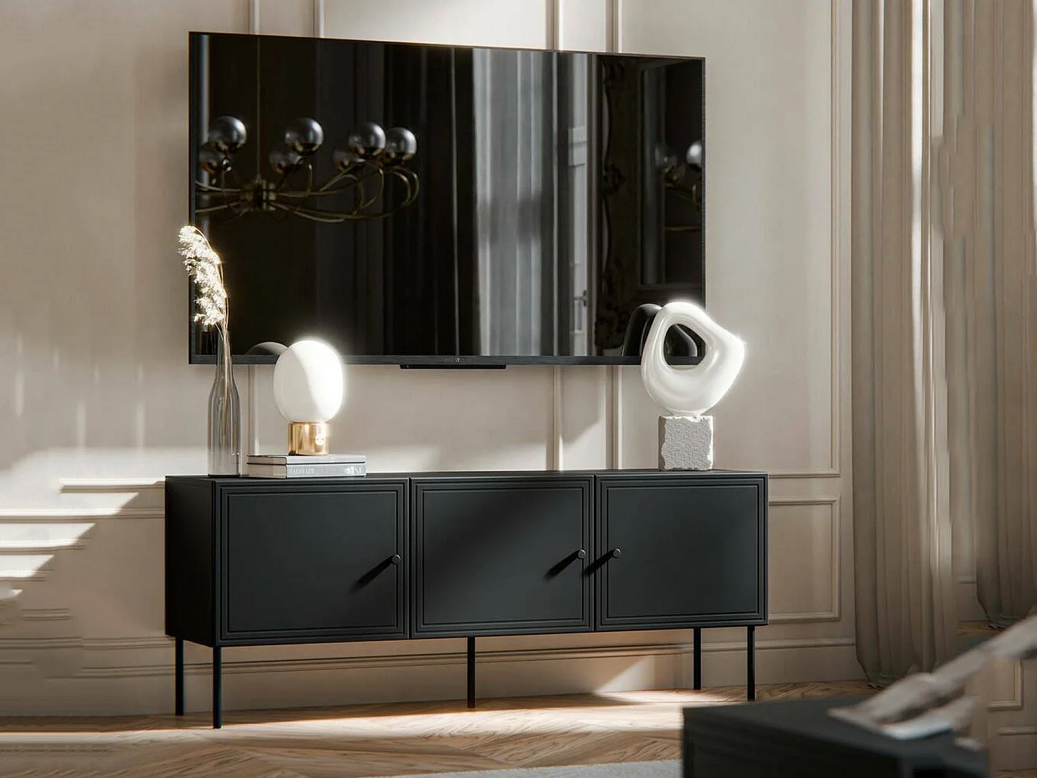 Meuble TV Moura, 3 étagères, 40x151x60h cm Noir
