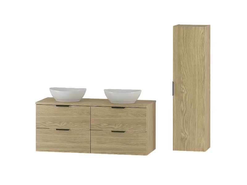 Ensemble pour salle de bain 120 cm Armoire Plan de travail Lavabo Colonne Colonne Chêne huilé Pile