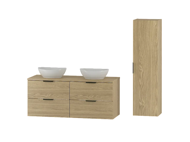 Ensemble pour salle de bain 120 cm Armoire Plan de travail Lavabo Colonne Colonne Chêne huilé Pile