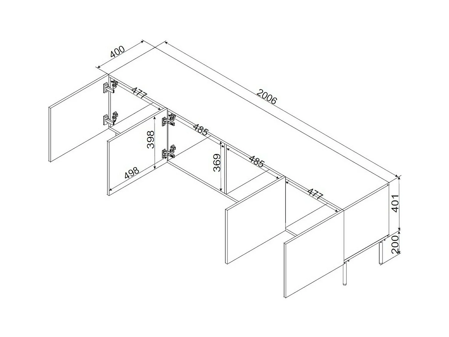 Meuble TV Trofa, une étagère, 42x200,5x60 cm, noir