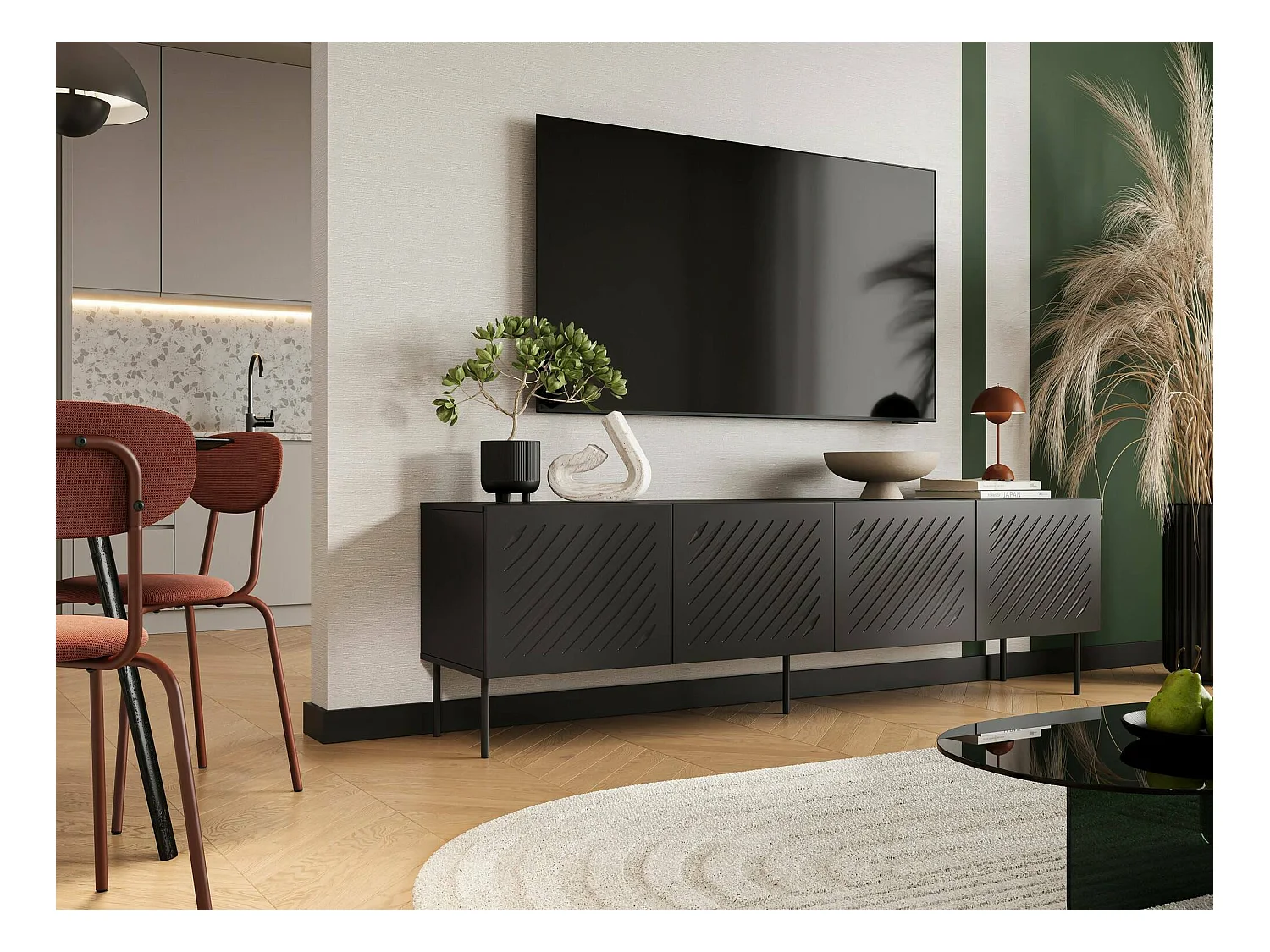 Meuble TV Trofa, une étagère, 42x200,5x60 cm, noir