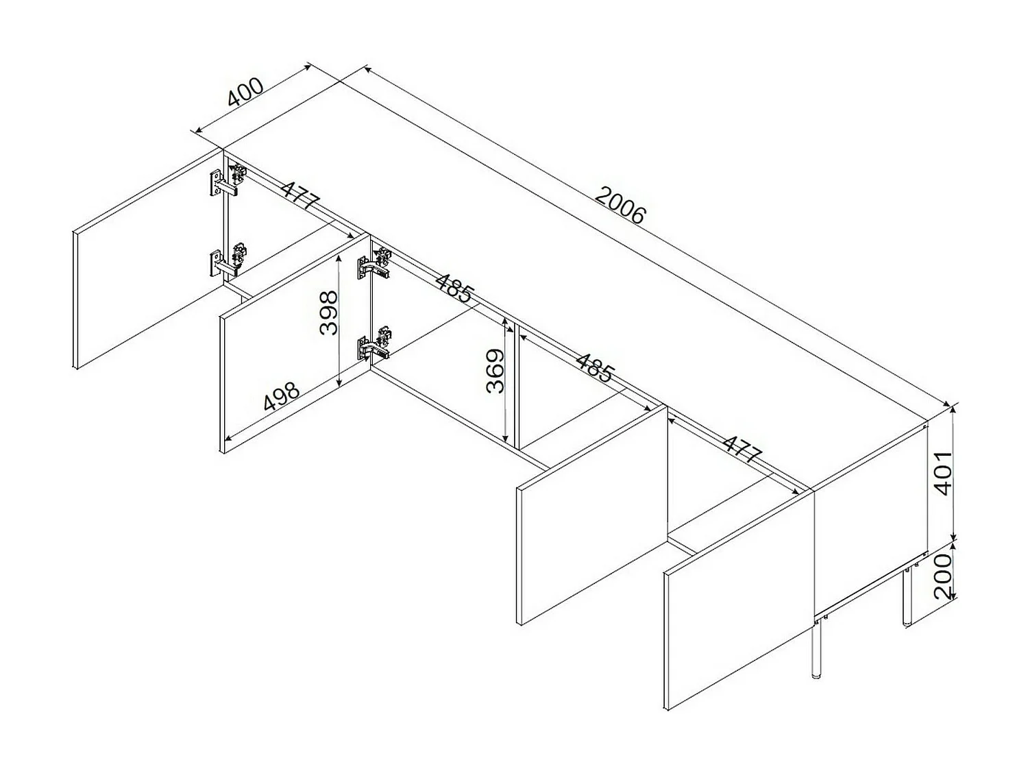 Meuble TV Trofa, une étagère, 42x200,5x60 cm, noir