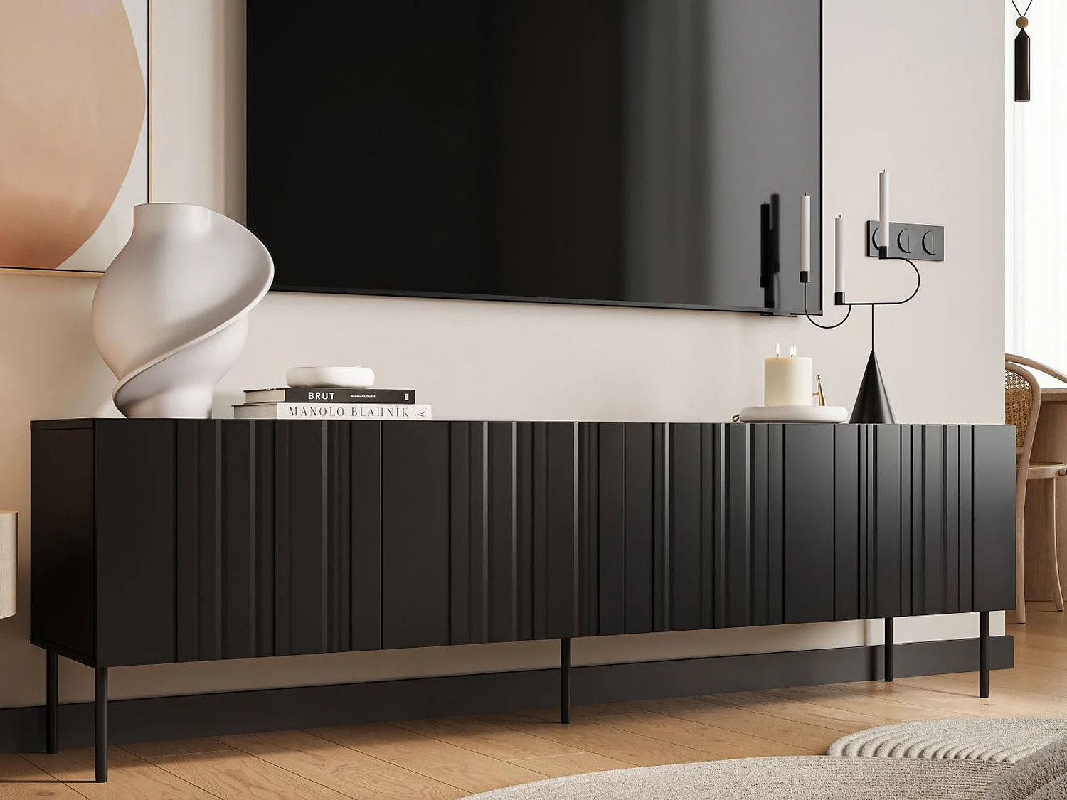 TV-meubel Trofa, 1 legplank, 201x42x60h cm zwart, 4 deuren, 4 vakken