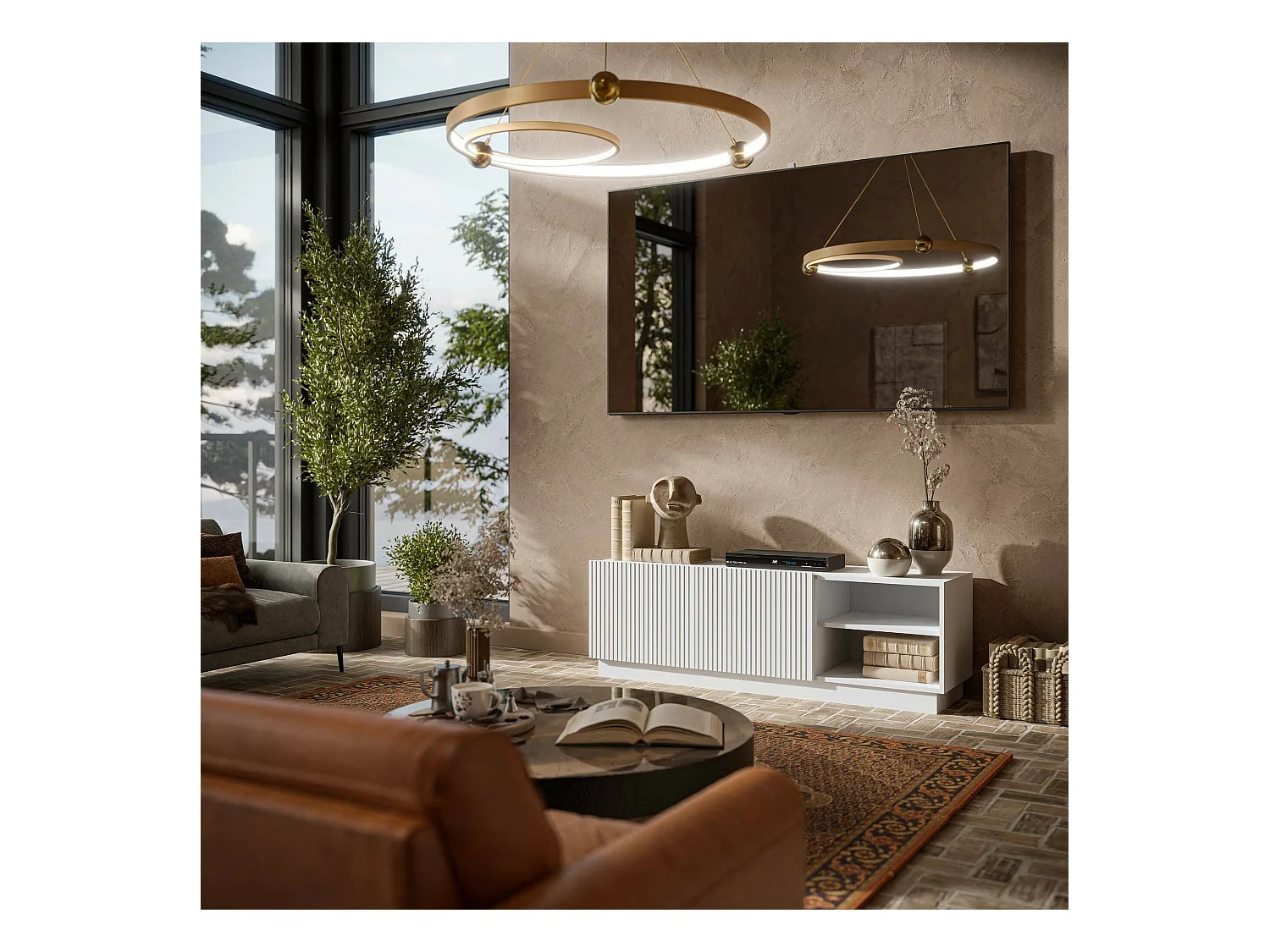 Mobile porta TV Finita, Madia da salotto con due ante battenti, Design minimal e moderno, 150x40 h48 cm, Bianco