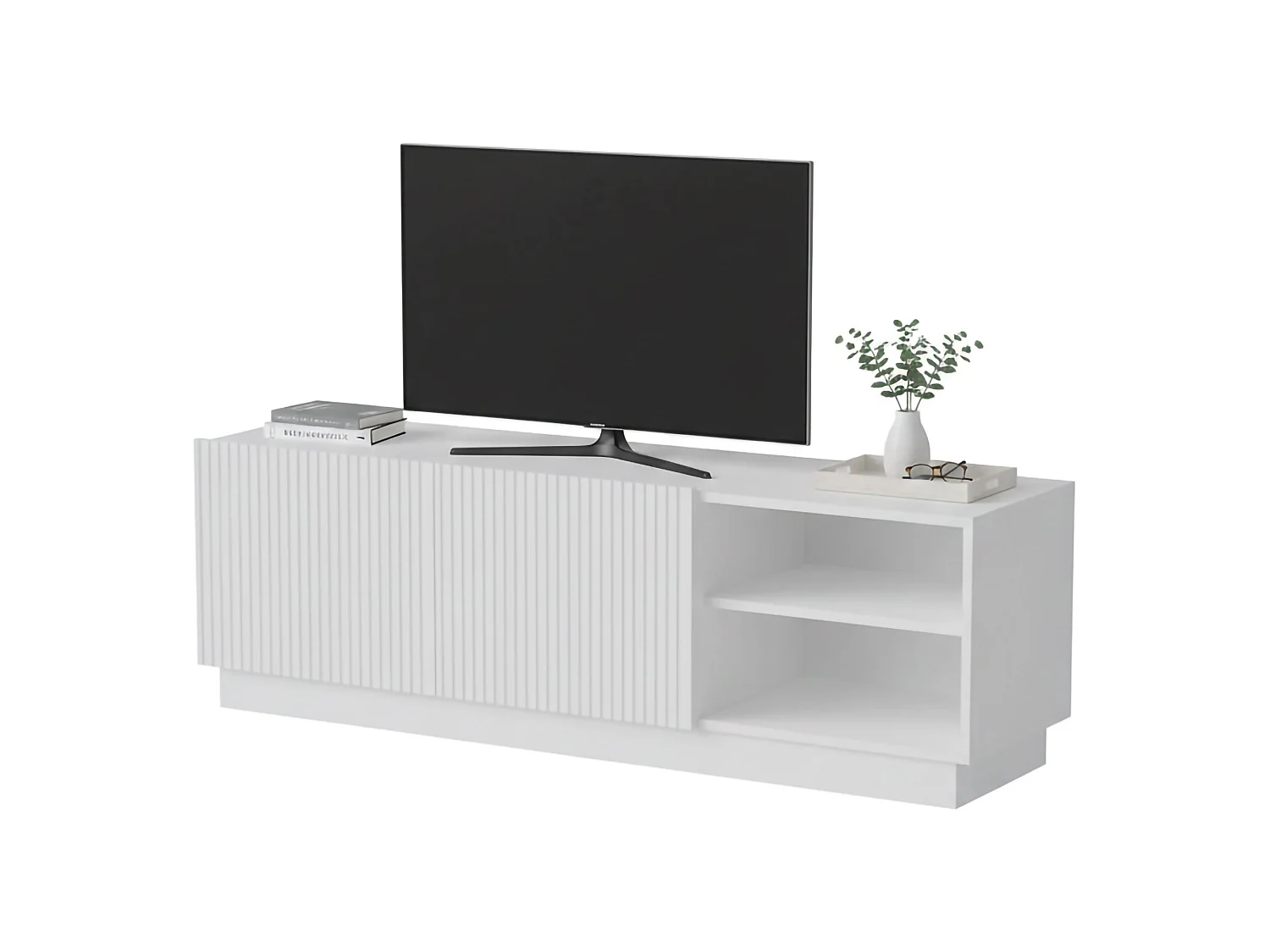 Mueble porta TV acabado, 3 estantes, 150x40x48h cm blanco, 2 puertas, 6 compartimentos