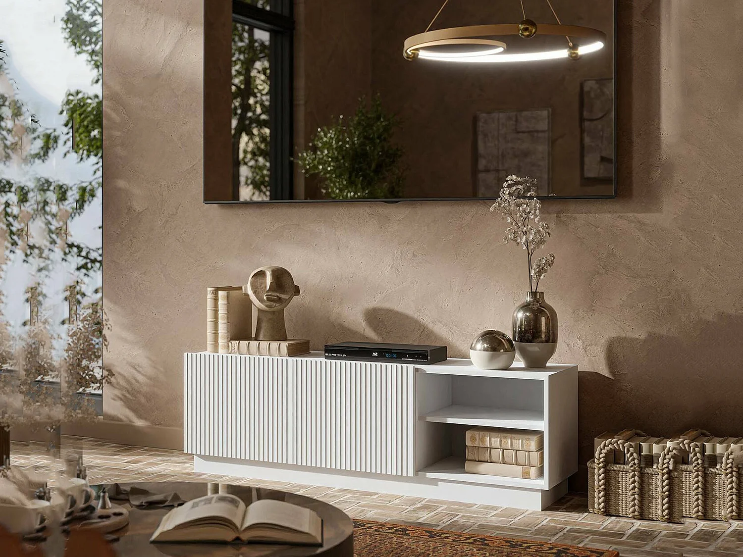 Mueble porta TV acabado, 3 estantes, 150x40x48h cm blanco, 2 puertas, 6 compartimentos