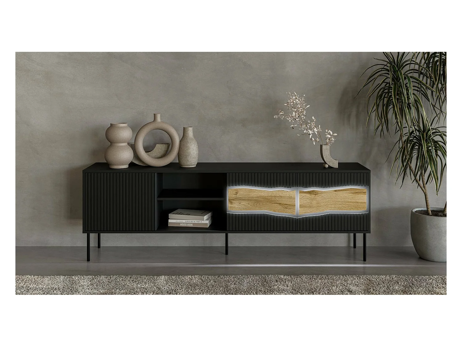 Meuble TV Feira, 2 étagères, 40x190x61,5h cm Noir