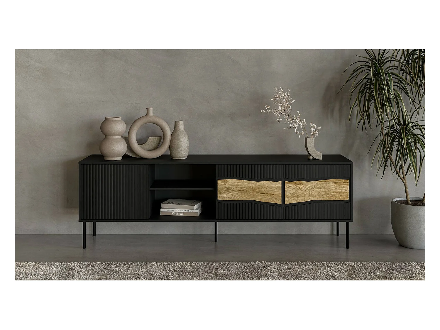 Meuble TV Feira, 2 étagères, 40x190x61,5h cm Noir