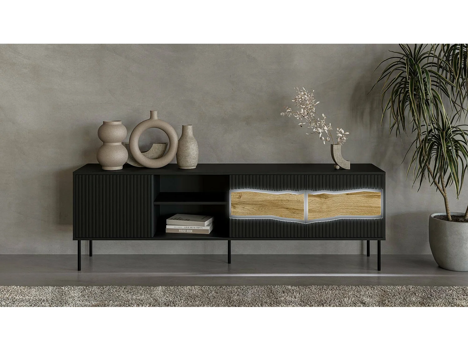 Meuble TV Feira, 2 étagères, 40x190x61,5h cm Noir