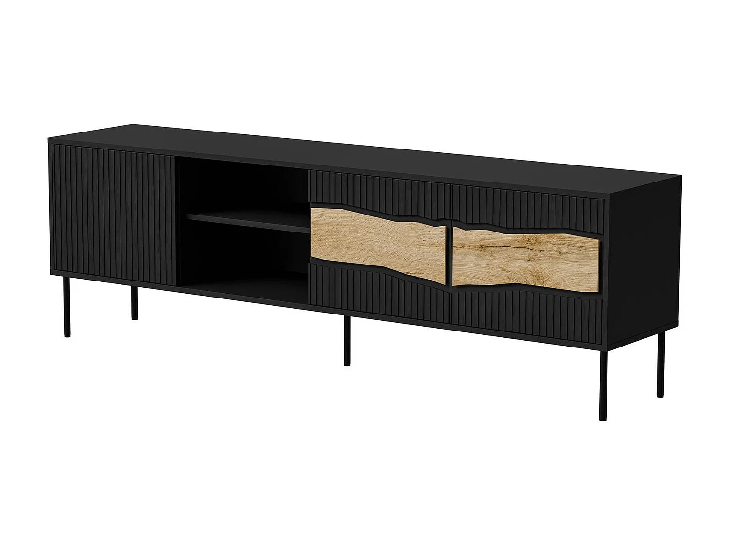 Mobile porta TV Luvinate, Madia da salotto con tre ante battenti e due vani, Con luci led, Rialzato da terra, 190x40 h62 cm, Nero e Rovere Nodi