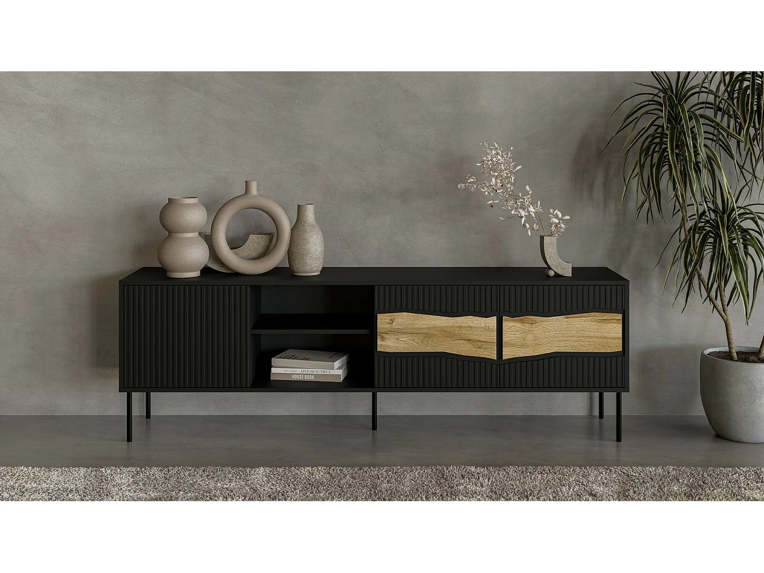 Mobile Porta tv Feira, 2 Ripiani, 40x190x61.5h cm Nero