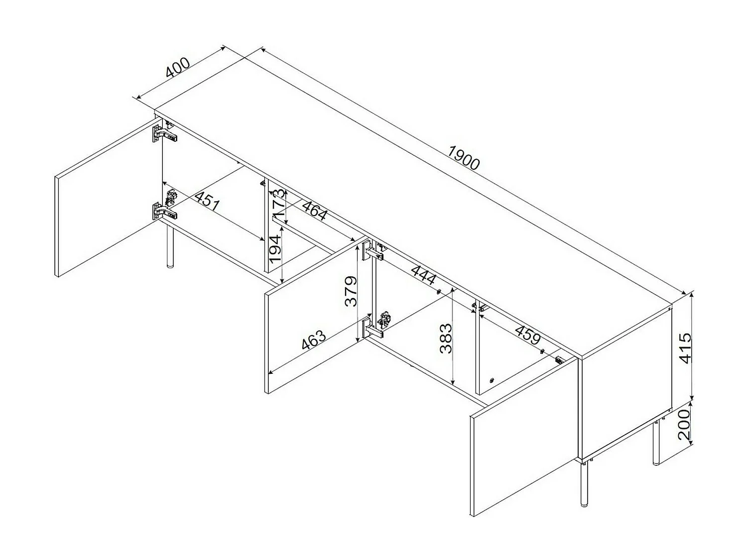 TV-Schrank Feira, 2 Regale, 40x190x61,5h cm Schwarz