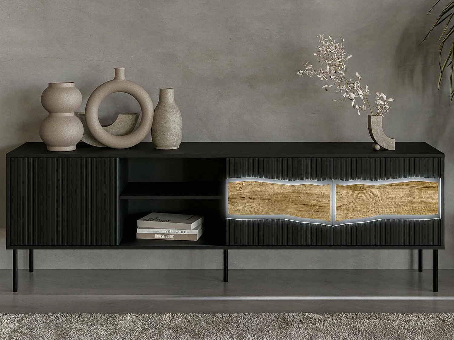 Mueble para TV Luvinate, 2 estantes, 190x40x62h cm negro, 3 puertas, 5 compartimentos