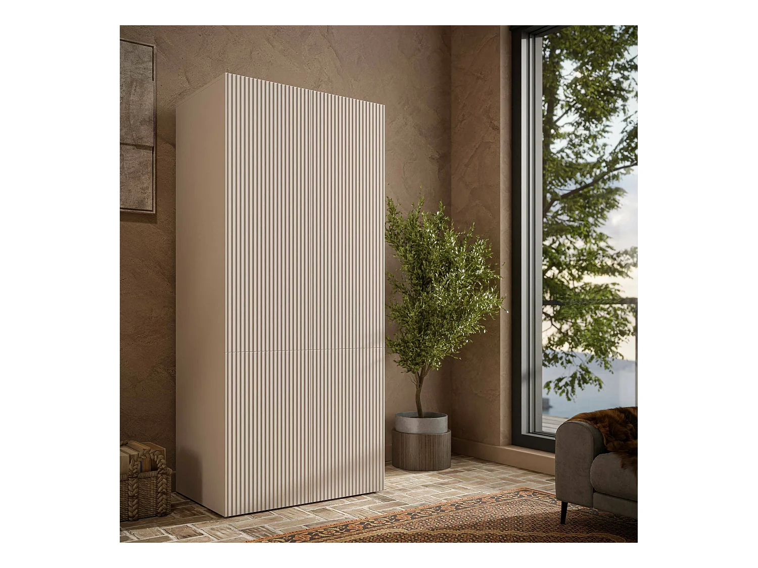 Armoire 2 Portes Esposende, Portemanteau, 55,5x198,5h cm Beige, Armoire Chambre