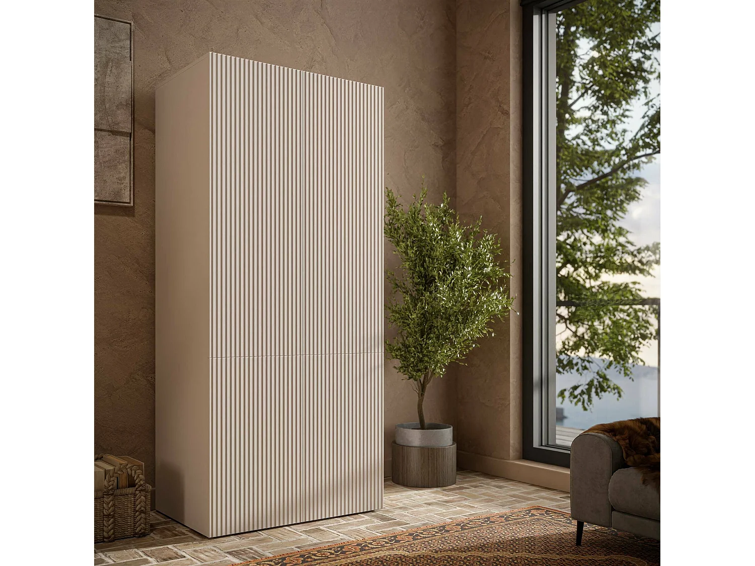 Armoire 2 Portes Esposende, Portemanteau, 55,5x198,5h cm Beige, Armoire Chambre