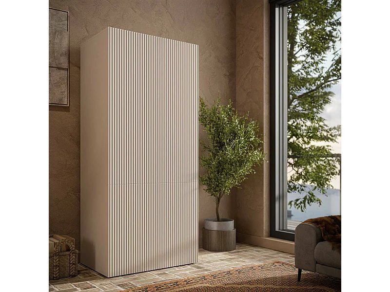 Armoire 2 Portes Esposende, Portemanteau, 55,5x198,5h cm Beige, Armoire Chambre