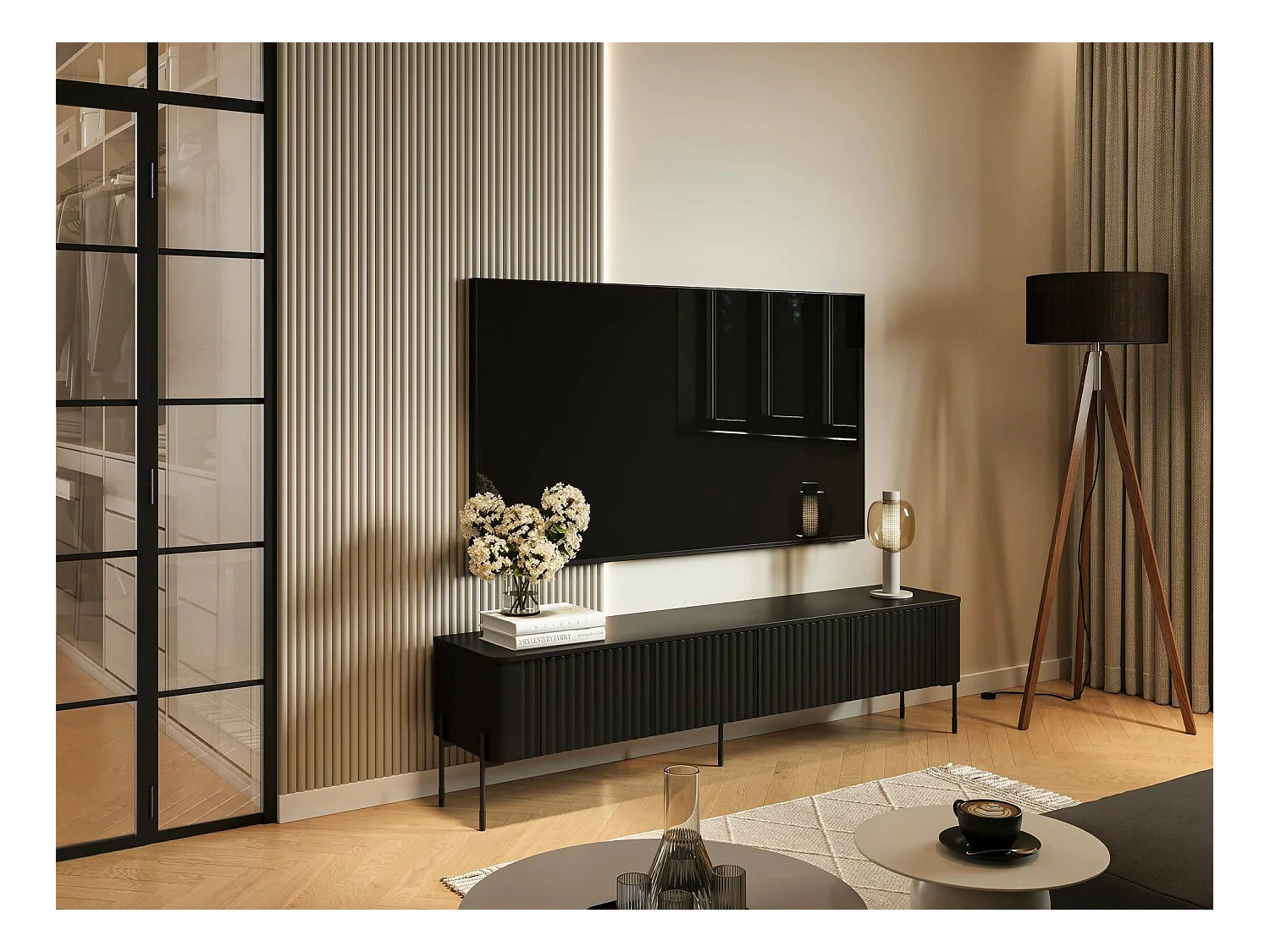 Meuble TV Fiaes, une étagère, 39,6x190x50h cm Noir