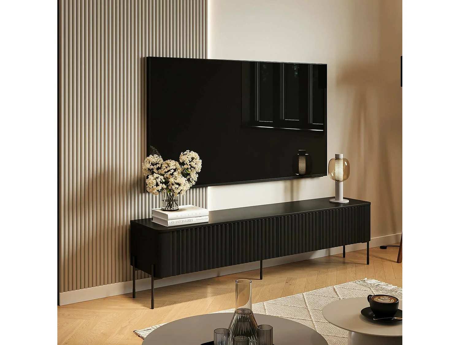 Meuble TV Fiaes, une étagère, 39,6x190x50h cm Noir