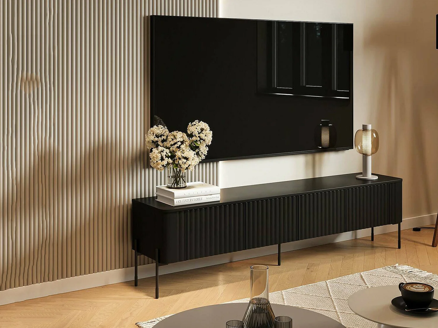 Meuble TV Fiaes, une étagère, 39,6x190x50h cm Noir
