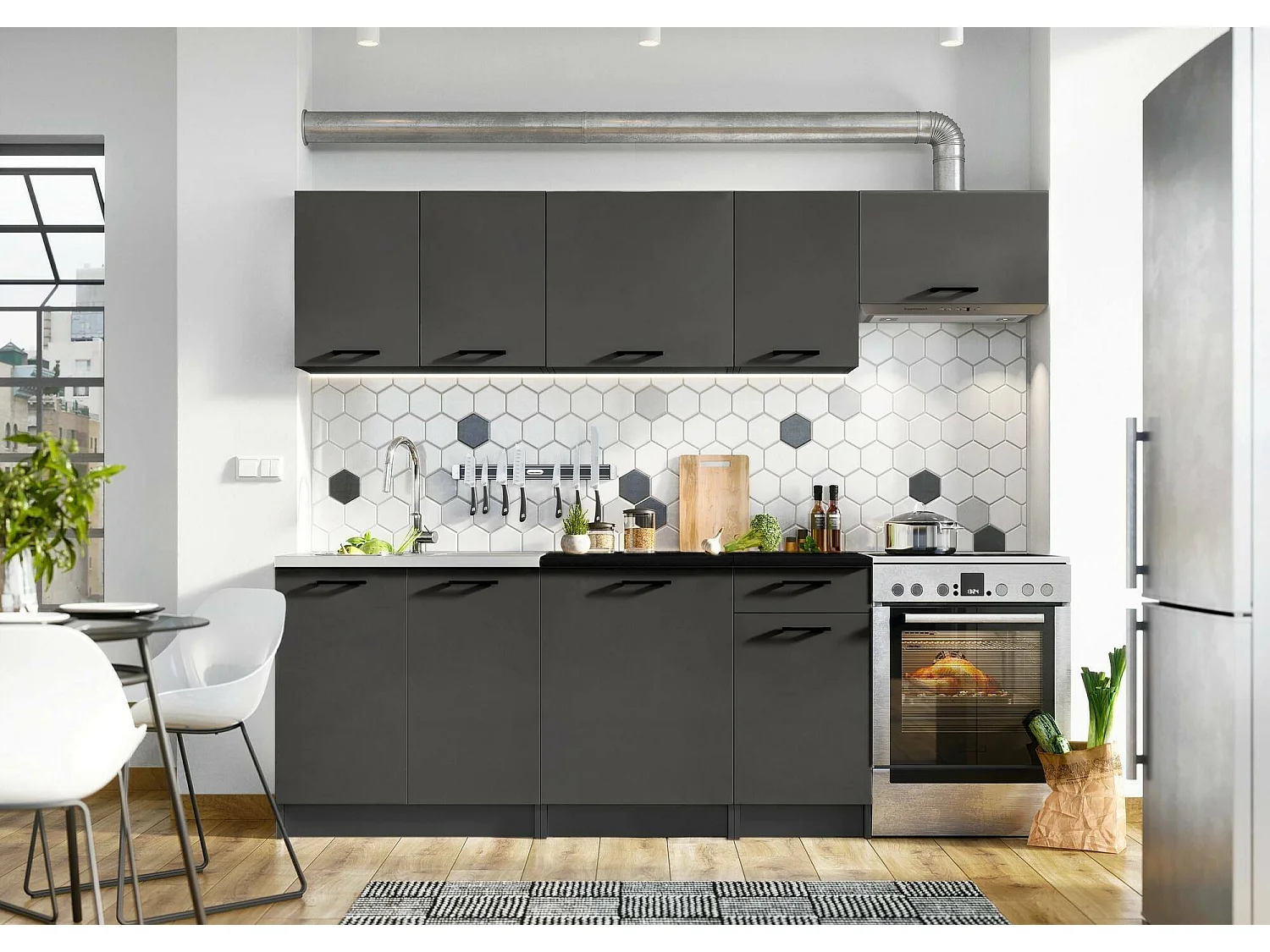 Cucina completa Rosta, Set compatto e funzionale con ante e cassetto, Antracite