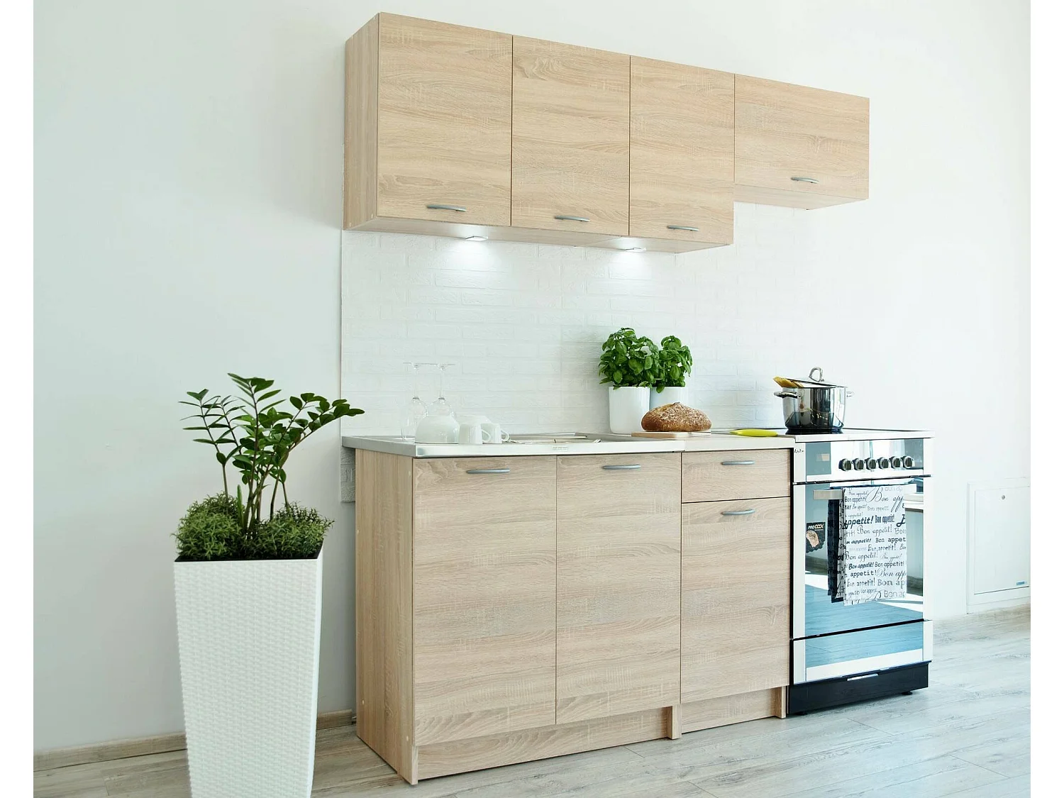 Cucina completa Sora, Set compatto e funzionale con ante e cassetto, Rovere