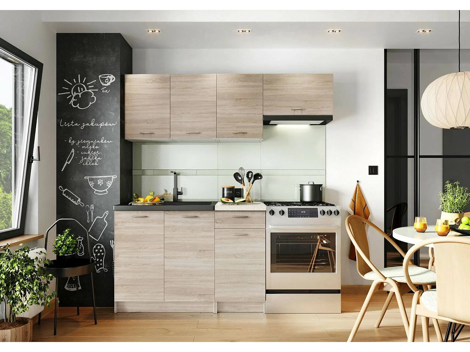 Cucina completa Sora, Set compatto e funzionale con ante e cassetto, Rovere