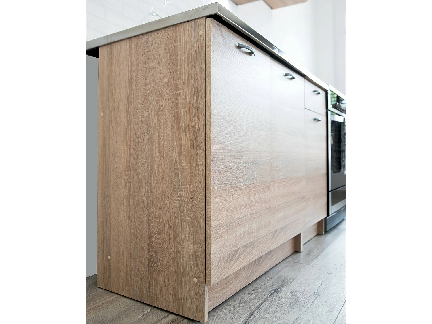 Cucina completa Sora, Set compatto e funzionale con ante e cassetto, Rovere