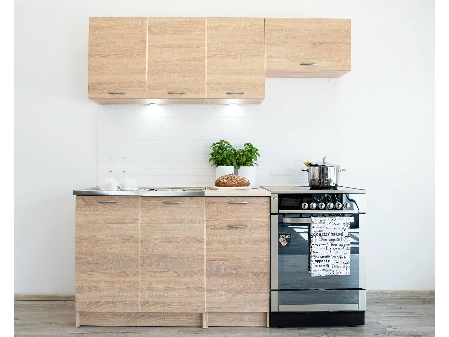 Cucina completa Sora, Set compatto e funzionale con ante e cassetto, Rovere