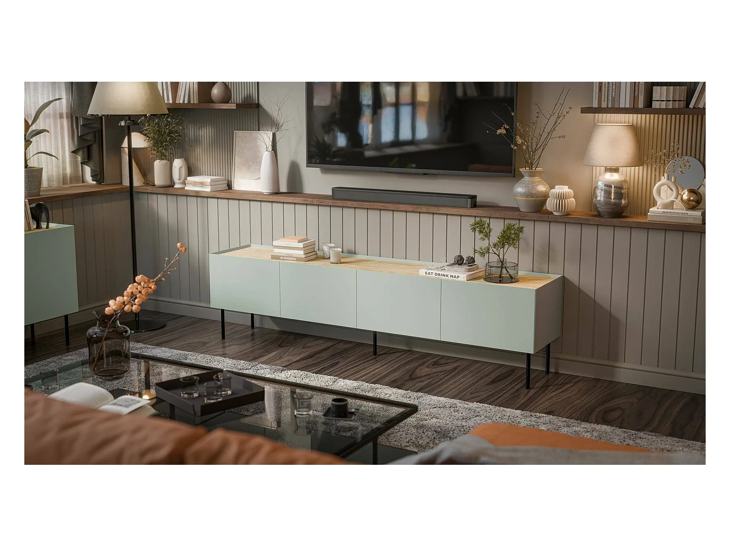 Meuble TV Novas, une étagère, 40x200x52h cm Vert Chêne