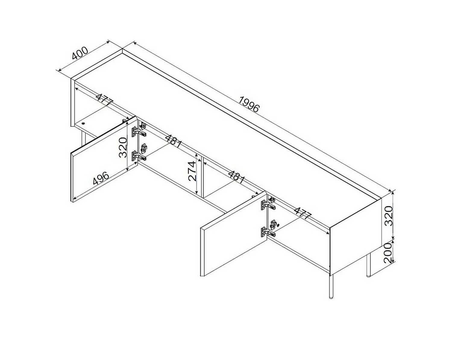 Meuble TV Novas, une étagère, 40x200x52h cm Vert Chêne