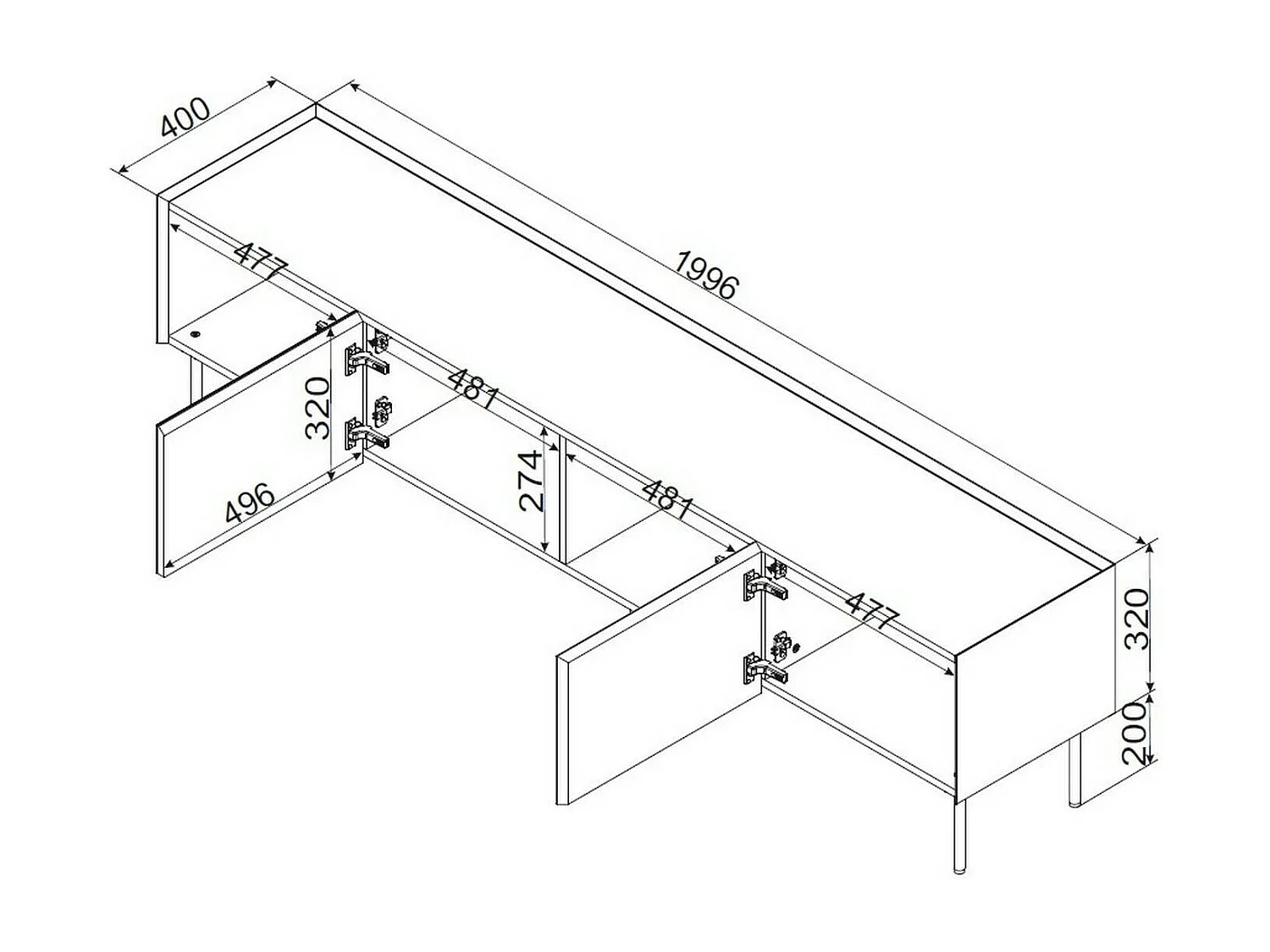 Meuble TV Novas, une étagère, 40x200x52h cm Vert Chêne