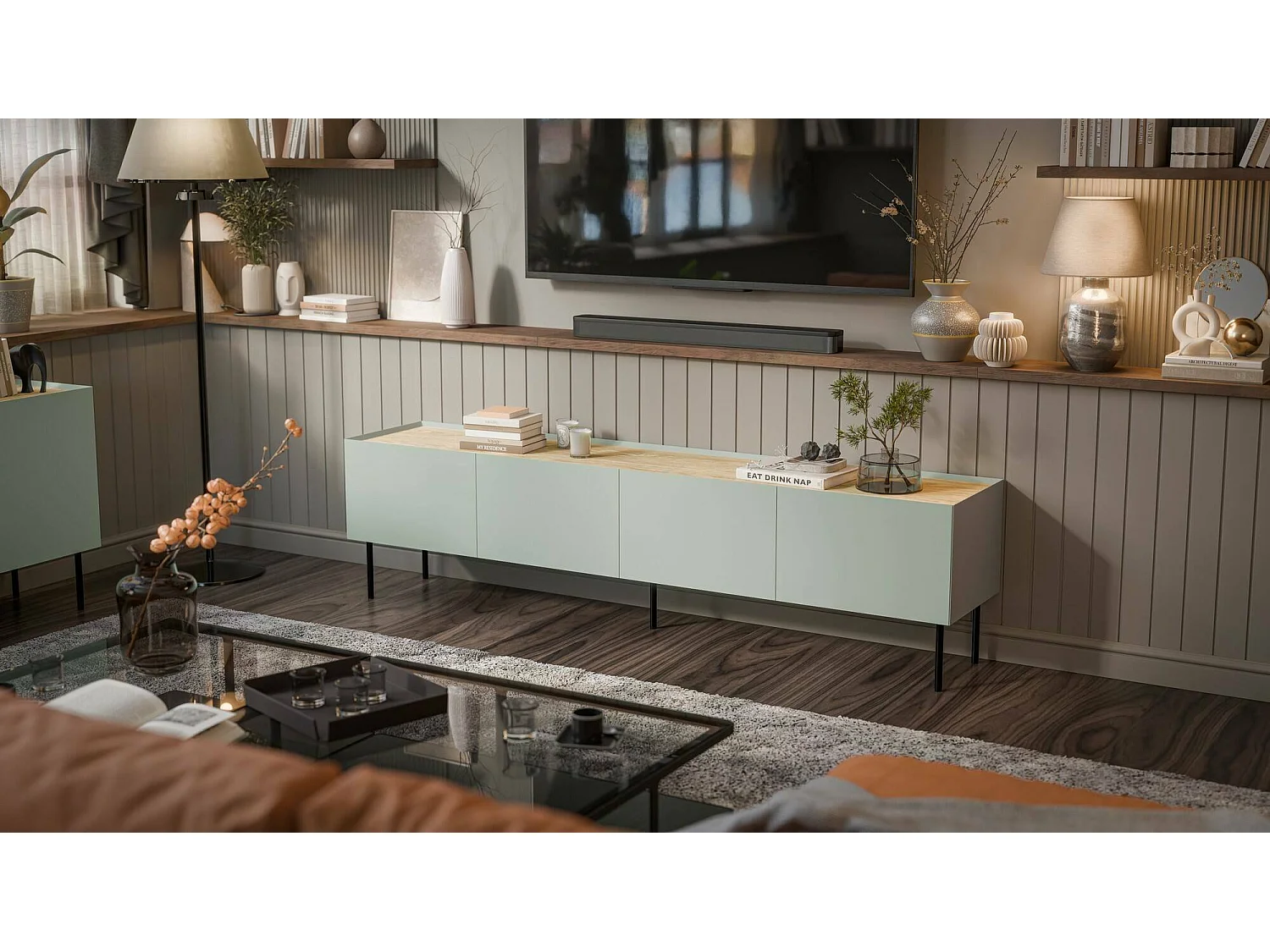 Meuble TV Novas, une étagère, 40x200x52h cm Vert Chêne