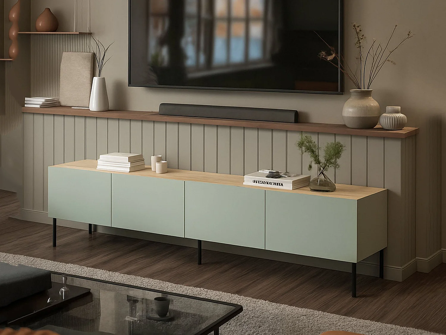 Meuble TV Novas, une étagère, 40x200x52h cm Vert Chêne