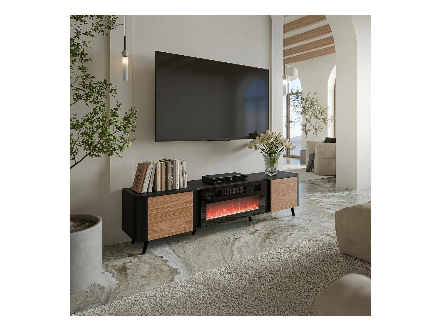 Meuble TV Tomar, 2 étagères, 40x190,5x58h cm Noir