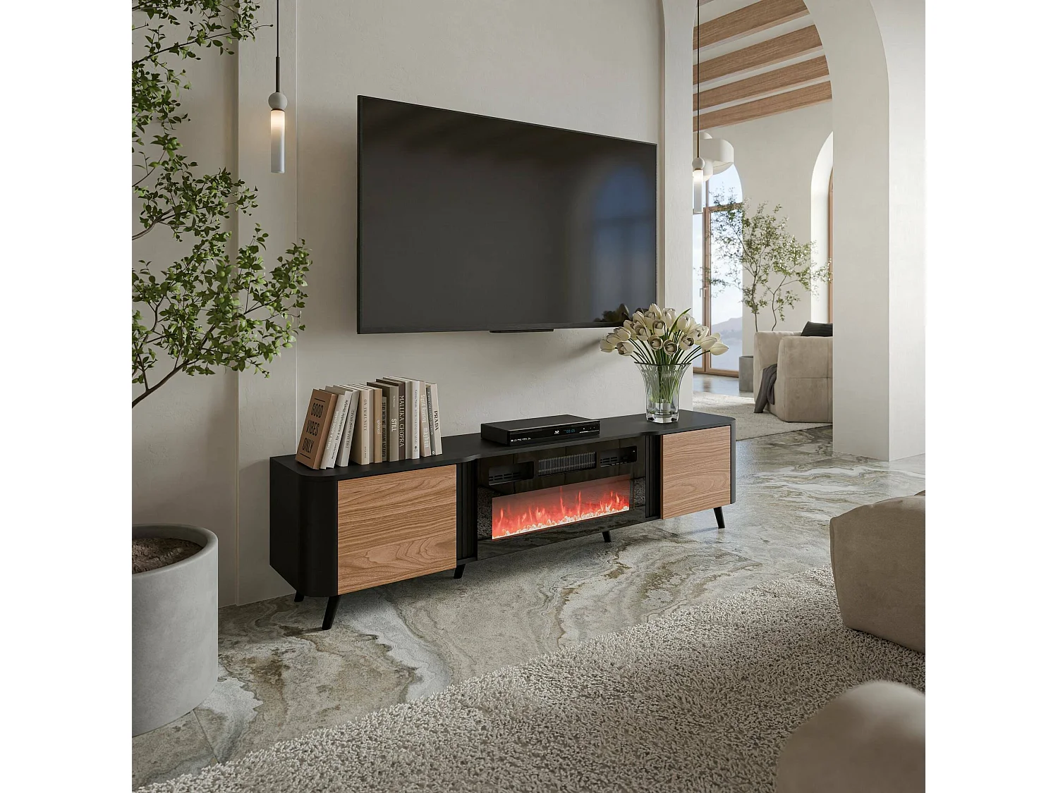 Meuble TV Tomar, 2 étagères, 40x190,5x58h cm Noir