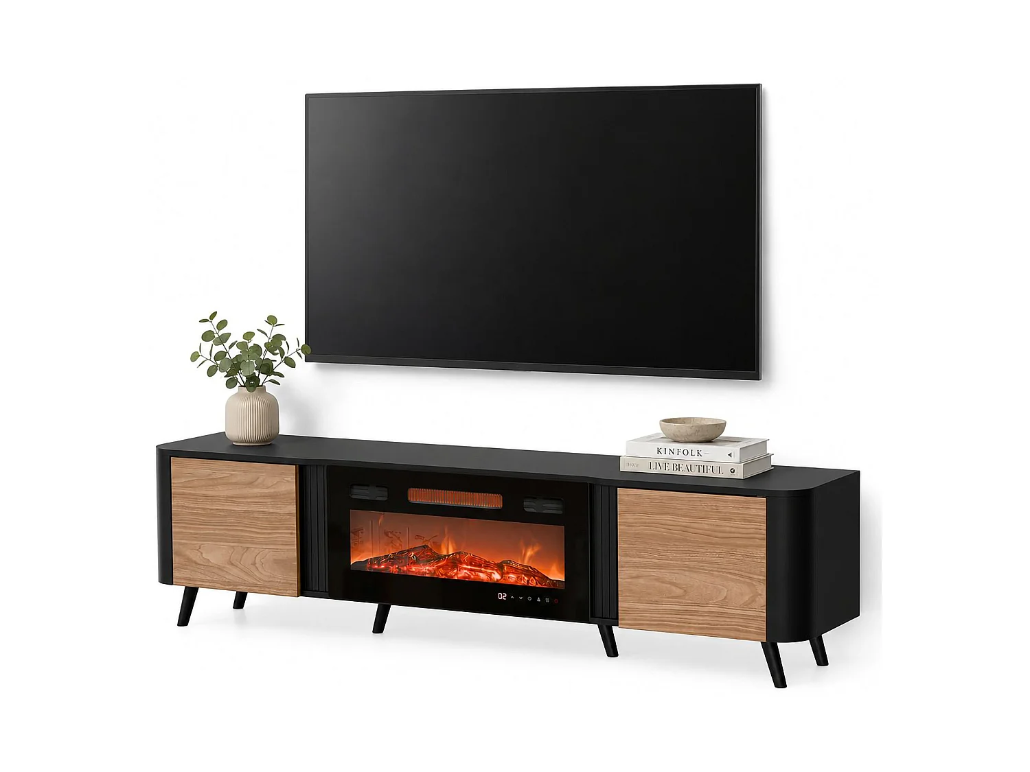Tv-meubel Vicino, 2 planken, 191x40x58h cm zwart, 2 vakken, 2 deuren