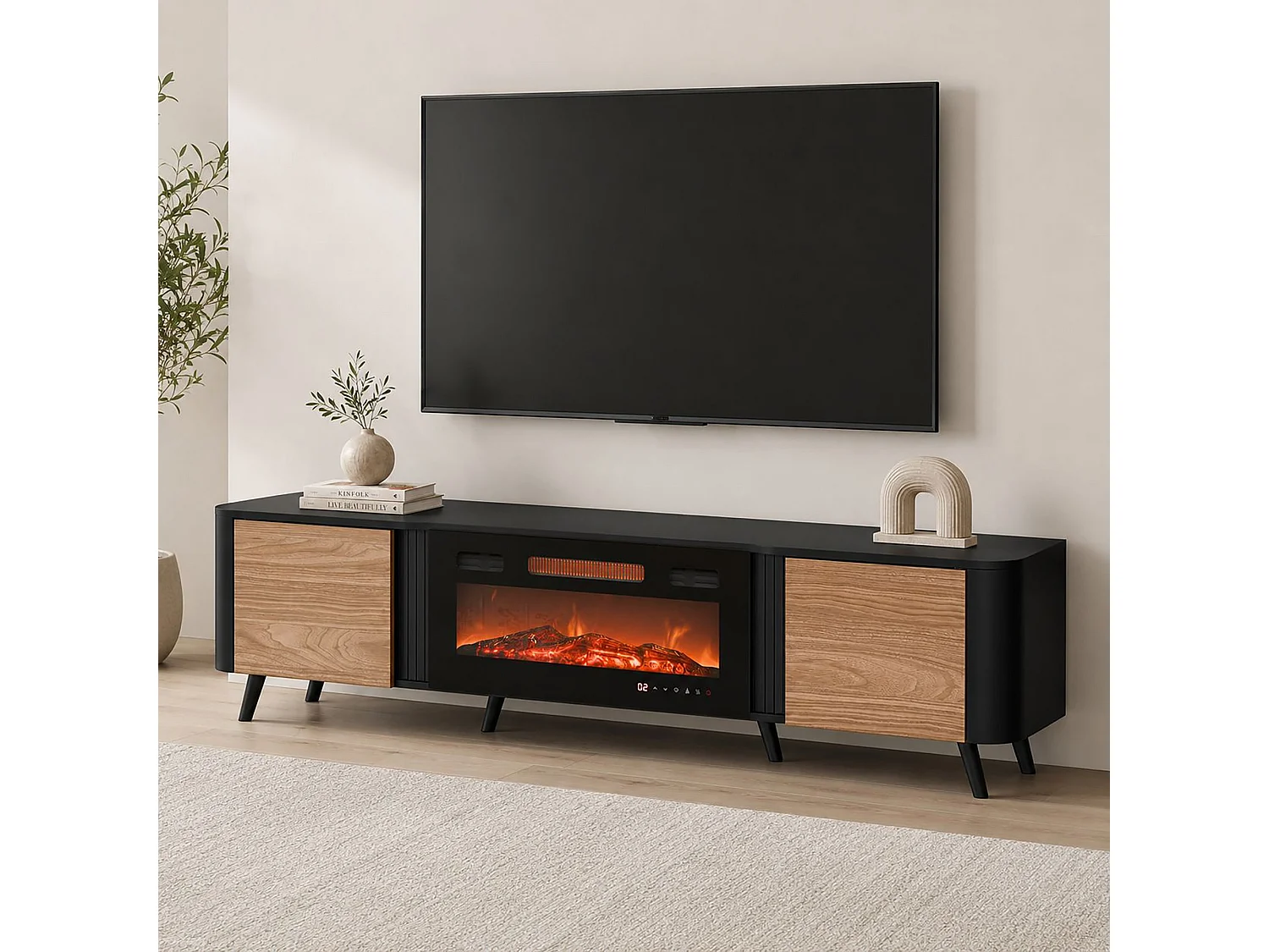 Tv-meubel Vicino, 2 planken, 191x40x58h cm zwart, 2 vakken, 2 deuren