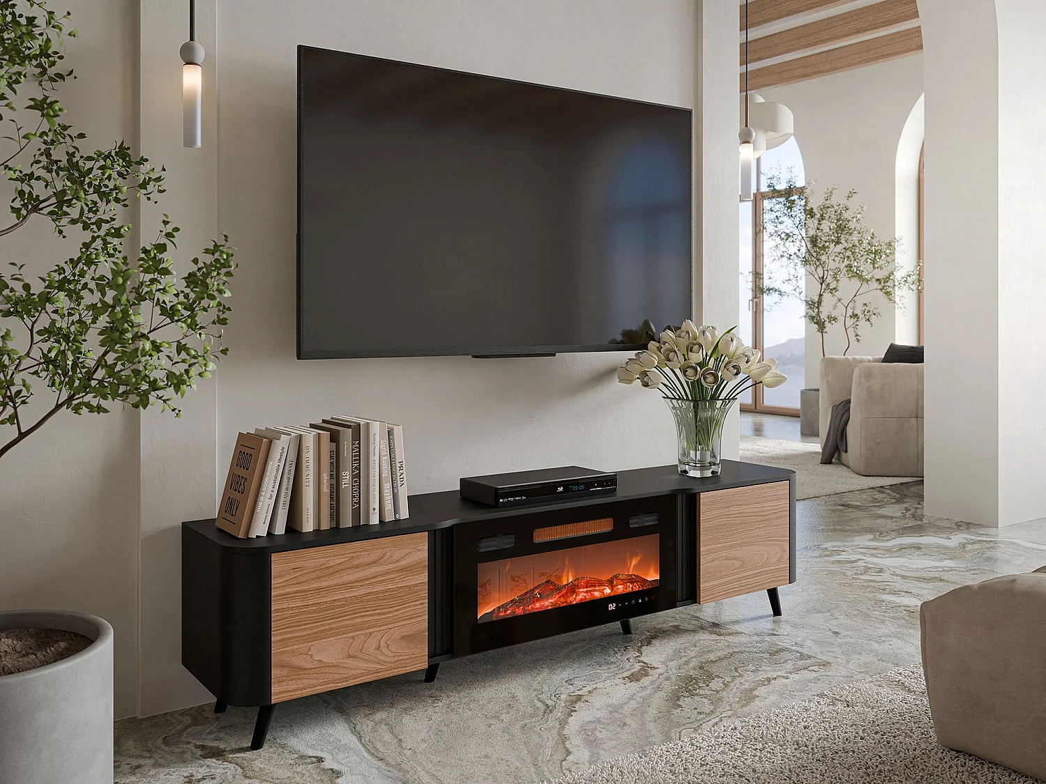 Tv-meubel Vicino, 2 planken, 191x40x58h cm zwart, 2 vakken, 2 deuren