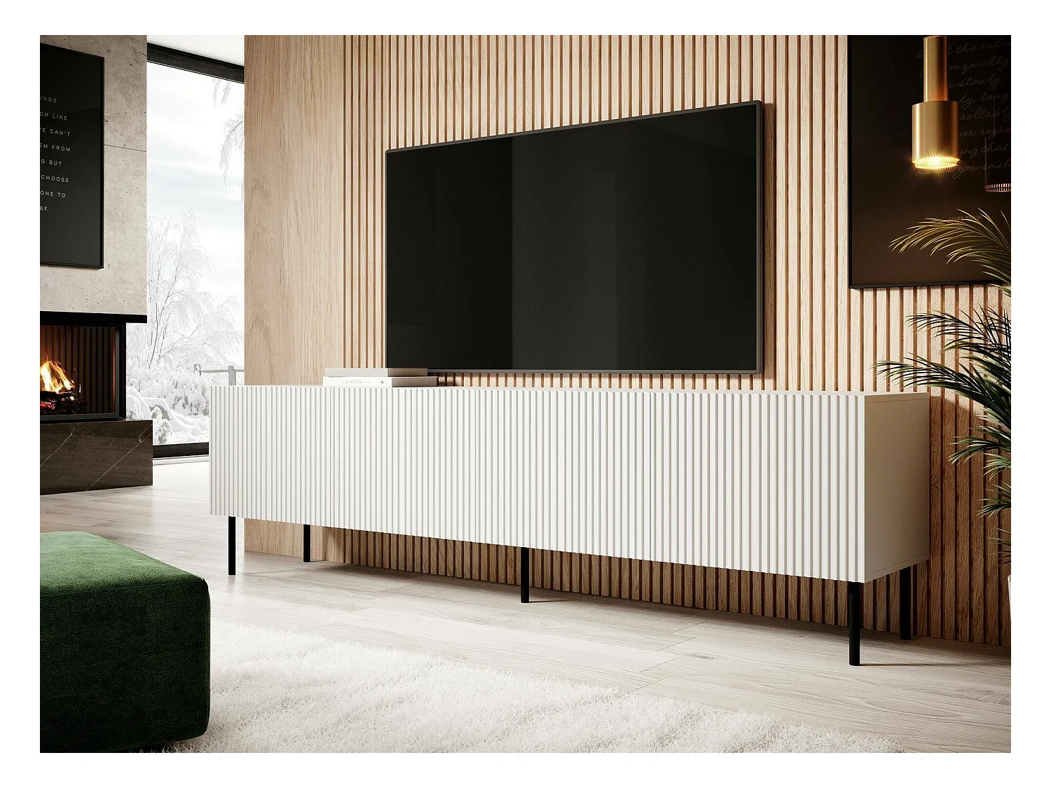 Meuble TV Gandra, 4 Étagères, 42x200x52h cm Blanc