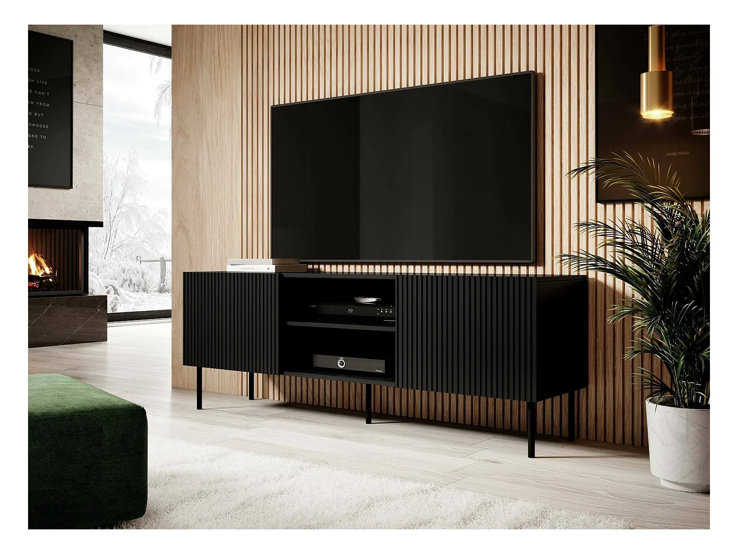 Meuble TV Gouveia, 3 étagères, 42x150x52h cm Noir