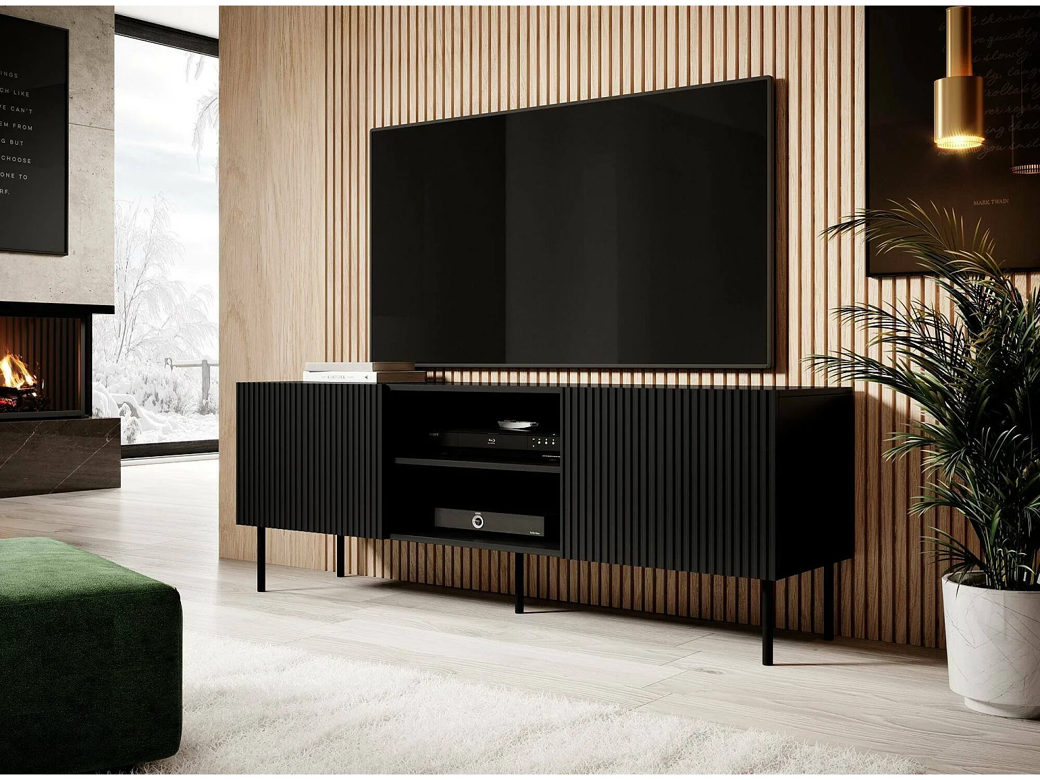 Meuble TV Gouveia, 3 étagères, 42x150x52h cm Noir