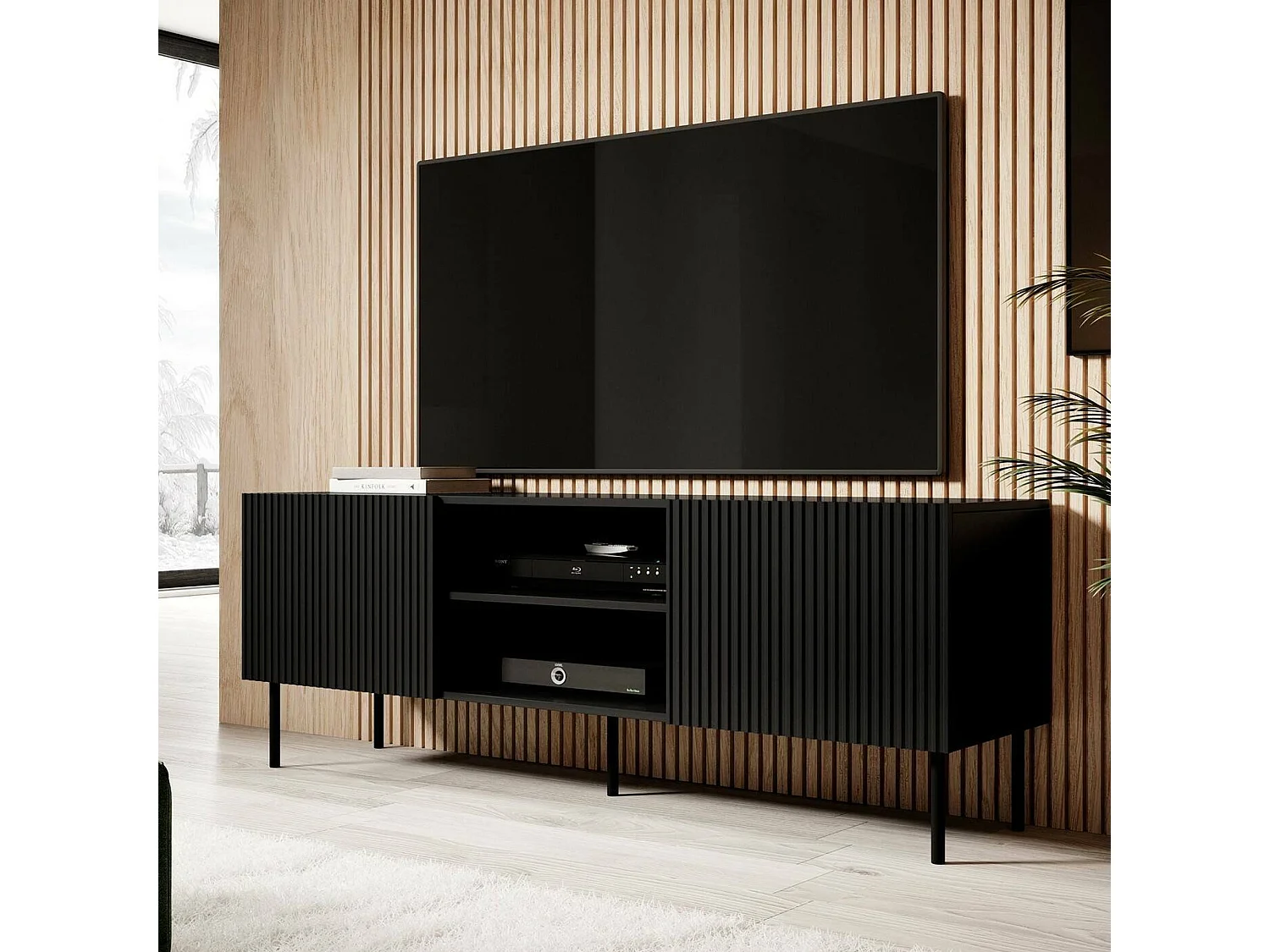 TV-meubel Molini, 3 planken, 150x42x52h cm zwart, 3 deuren, 6 vakken