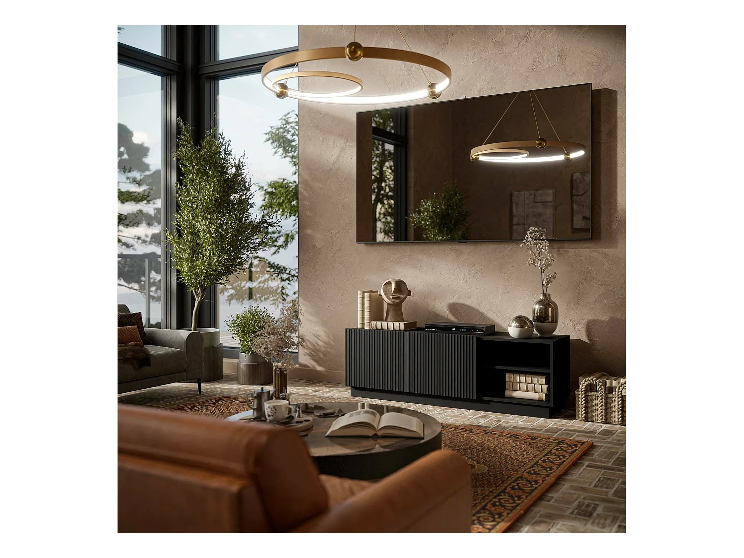 Mobile porta TV Finita, Madia da salotto con due ante battenti, Design minimal e moderno, 150x40 h48 cm, Nero